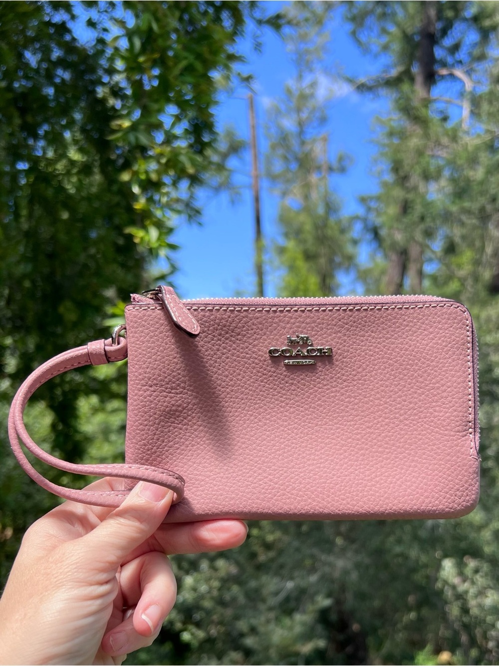 COACH PINK Pebbled Leather Wristlet Wallet Double Zip Silver Hardware AUTHENTIC